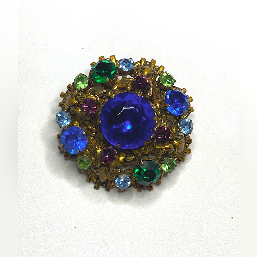 Vtg Czech Blue Green & Purple Rhinestone Gold Tone Metal Floral Brooch | 1.8”